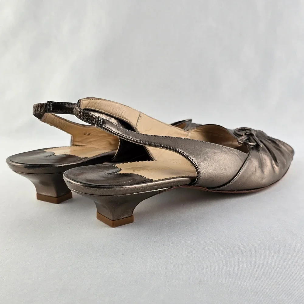 Amalfi Women's Metallic Leather Bow Peep Toe Slingback Kitten Heels Bronze 10 - Picture 5 of 16
